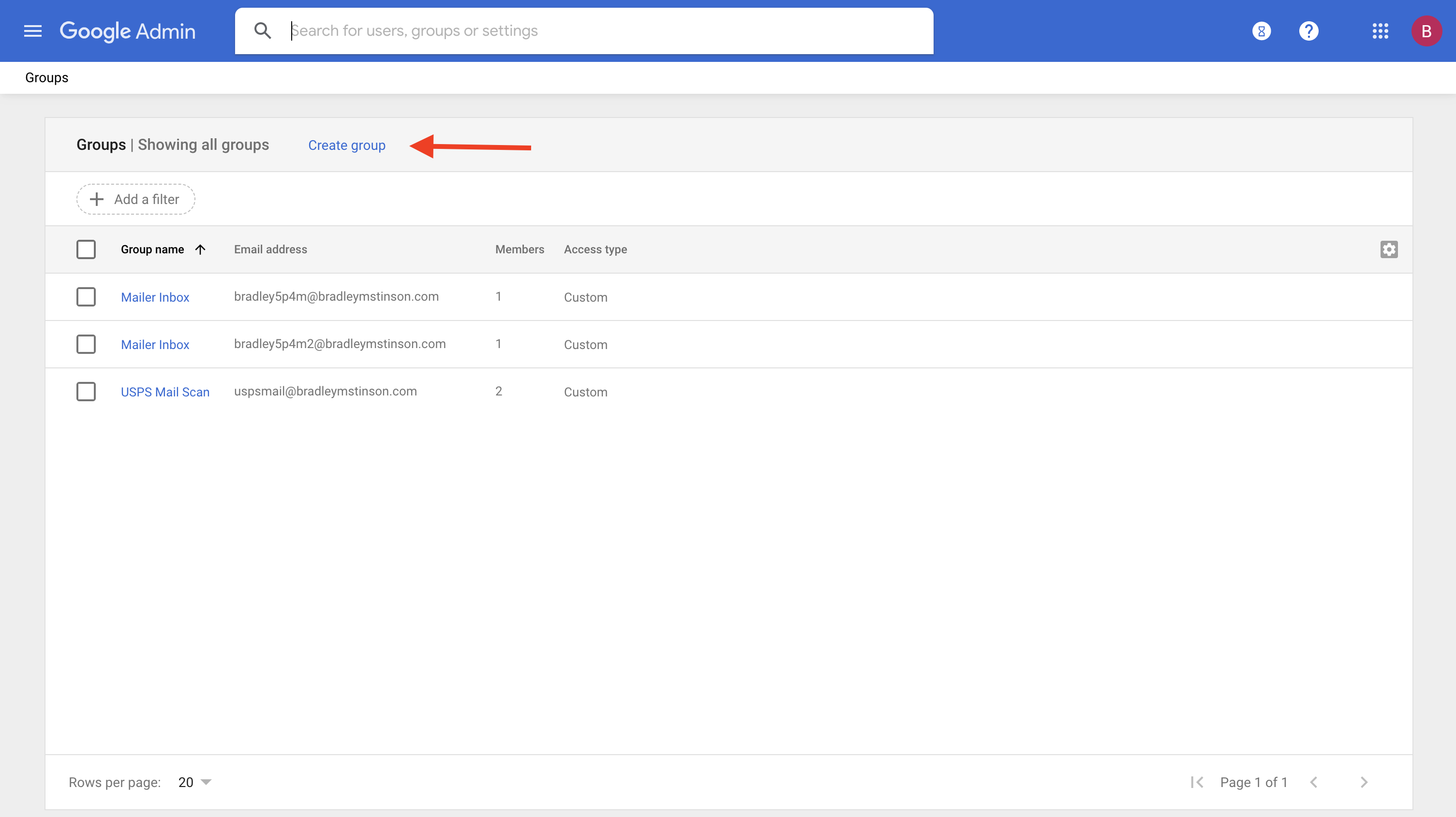 Screenshot of Google admin Groups page.