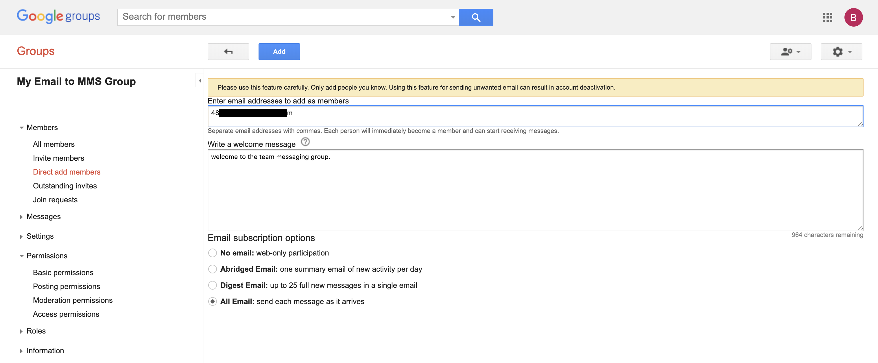 Screenshot of Google group advanced settings page.